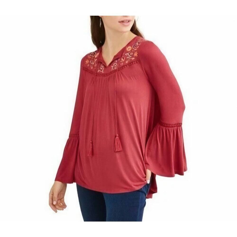 🔸️Rust Embroidered Boho Bell Sleeve Tunic Top Size 12